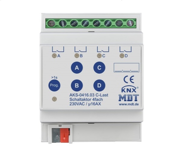 MDT-AKS-0416.03-1.jpg AKS-0416.03 KNX Switch Actuator 4-канален, 16А, 230V AC - Image 1